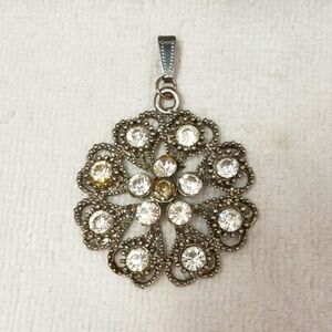 Vintage Flower Rhinestone Pendant Old World Celtic Retro Silver 1.5" Bohemian